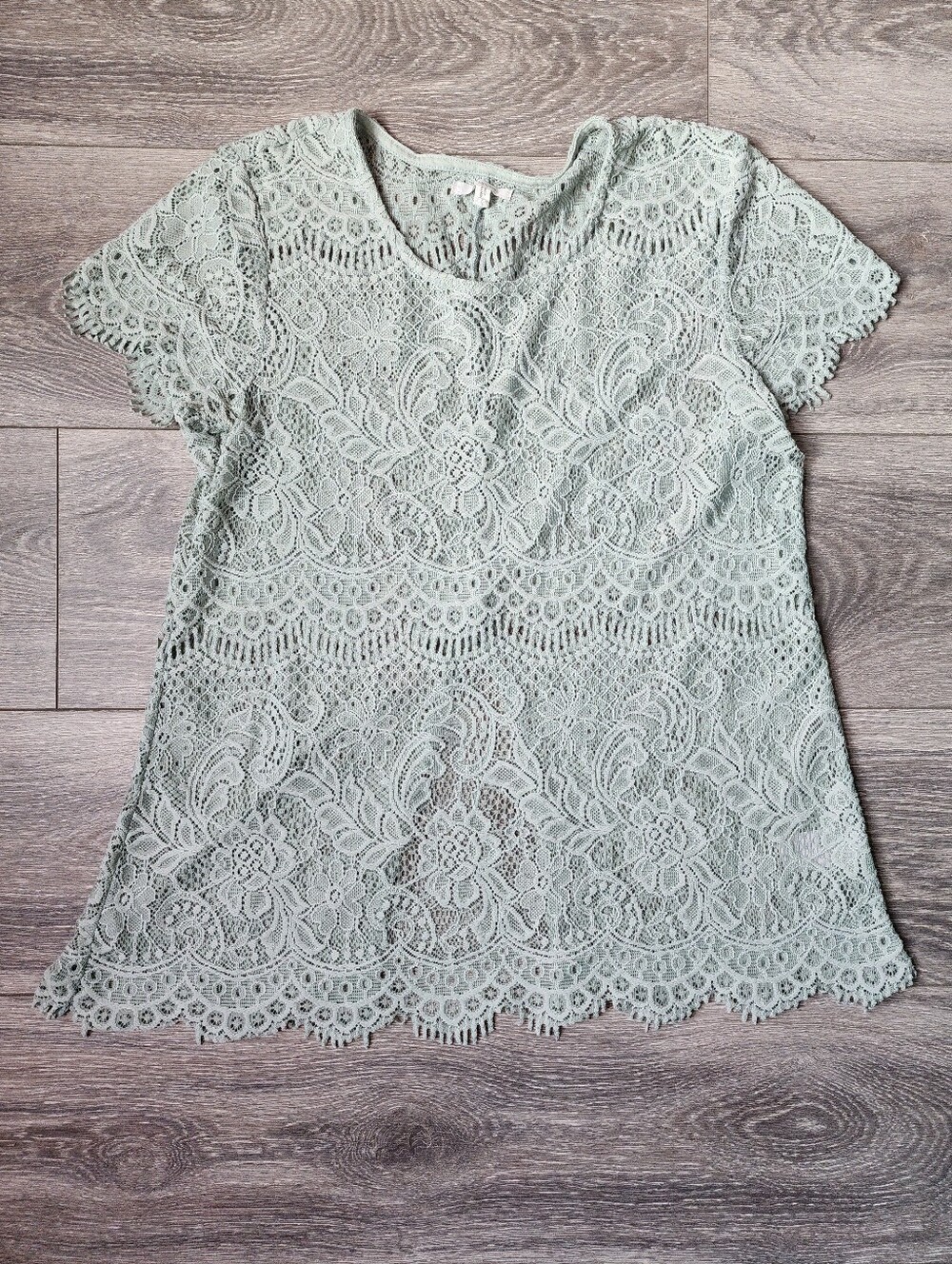 Mint Green Lace Scalloped Blouse w Short Cap Sleeve Medium Fairycore Top